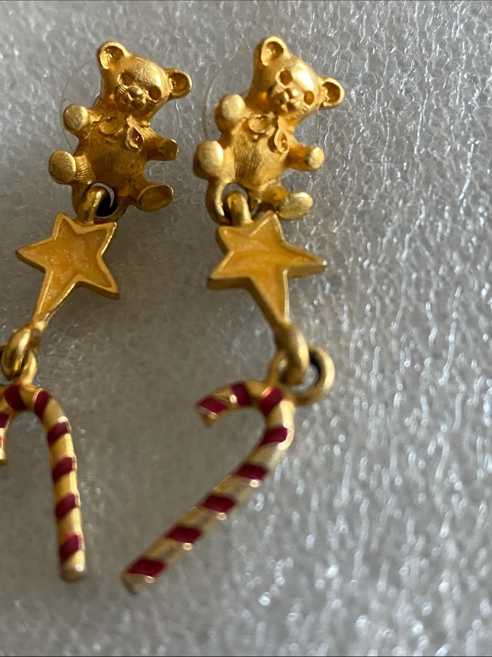 Gold Teddy Star Candy Cane Drop Earrings for Kids or Adults